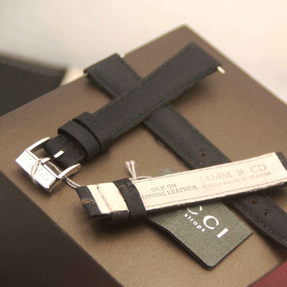 New Gucci 14 MM Silk on Genuine Leather Watch Band - Black - 14.112